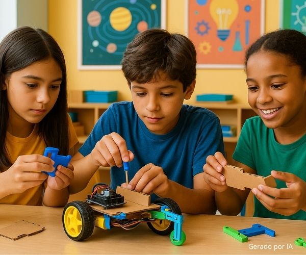 Alunos aprendendo robótica